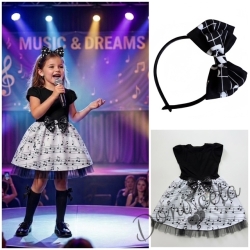 Комплект от 2 части-детска официална рокля с къс ръкав в черно с бяла долна част с ноти с тюл в черно и диадема
