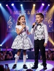 Детска рокля с къс ръкав в бяло с бяла долна част с ноти и тюл в черно