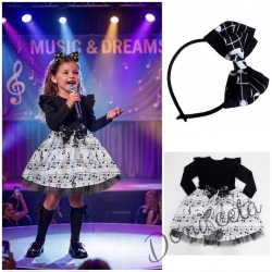 Комплект от 2 части0детска рокля с дълъг ръкав в черно и бяло с ноти с тюл в черно в долната част и диадема