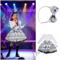 Комплект от 2 части-детска рокля с дълъг ръкав в бяло с черни ноти в горната част и тюл в долната част