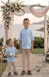 Детски комплект за момче от 2 части-риза с дълъг ръкав в светлосиньо без яка с копчета в бежово и панталон в бежово