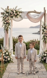 Детски костюм за момче от 5 части в бежово - елегантен панталон, риза, елек, сако и папийонка  от колекция Бежина