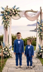 Официален детски костюм за момче от 5 части в кралско синьо - сако, панталон, риза, елек с един ред копчета и папийонка от колекция Кралина