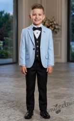 Официален костюм за момче от 5 части - светлосиньо сако, бяла риза с дълъг ръкав . черен елек, черен панталон и папийонка