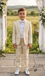 Официален детски костюм за момче от 4 части - сако в екрю , риза в бяло, панталон и папийонка в екрю