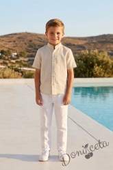  Детска официална ризка за момче с къс ръкав в бежов цвят