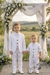 Официален детски костюм за момче от 5 части - сако с елек в бяло , риза в бяло, панталон и папийонка в бяло