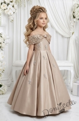 Дълга официална детска рокля с паднали рамене и обемна пола в златисто