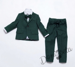 Спортно-елегантен костюм Тери за момче от 4 части в зелено- риза в бяло, сако с джобове, панталон  с връзки и папийонка  от колекция Зелениада