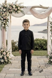 Детски комплект за момче от 2 части-риза с дълъг ръкав в черно  без яка с копчета в бежово и панталон в черно