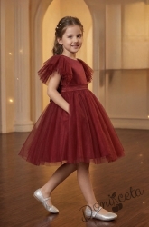 Детска официална рокля в червено с обемна пола от фин тюл Силвия