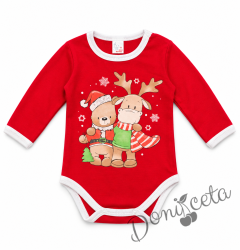 Коледно бебешко боди с дълъг ръкав в червено с мече и елен