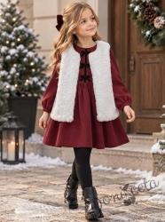 Комплект от 2 части за момиче - рипсена рокля с дълъг ръкав в бордо с черни панделки Жаклин и пухкав елек в бяло