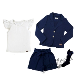 Детски комплект от къси панталони, сако в тъмносиньо,чорпи и тениска в бяло