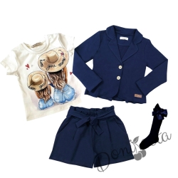 Детски комплект за момиче от къси панталонки, сако,чорапи в тъмносиньо и тениска
