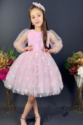 Официална детска рокля с дълъг ръкав, богат тюл и бродирани пеперуди в розово