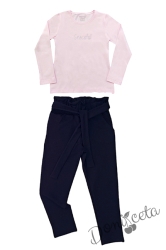 Комплект 2 части панталон с висока талия и блуза в розово
