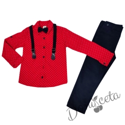 Комплект от панталон в тъмносиньо,риза в червено, папийонка и тиранти 8255247