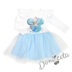 Детска рокля с дълъг ръкав в бяло и синьо с Елза 