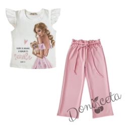 Детски комплект от тениска с момиче в бяло и панталони в розово 4535566