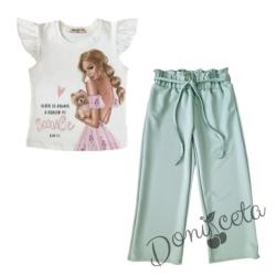 Детски комплект от тениска с момиче в бяло и  дълги панталони в тюркоаз/мента 453775231