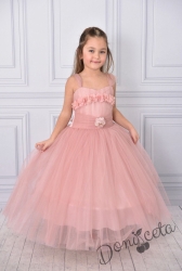 Официална дълга детска рокля в пепел от розови без ръкав от тюл с блясък с обръч Андреан