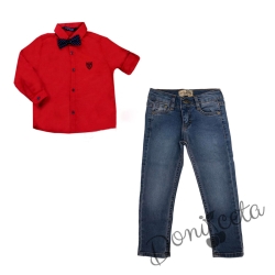 Комплект от риза в червено с папийонка и дънки в синьо