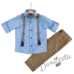 Детски комплект с тиранти, панталон и папийонка в бежово и риза в светлосиньо с орнаменти 766304061