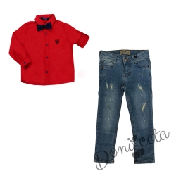 Комплект от риза в червено с папийонка и дънки в синьо с накъсан ефект