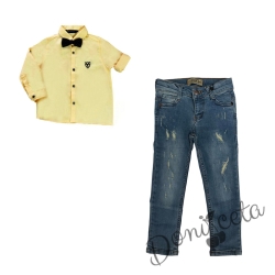 Комплект от риза в жълто с папийонка и дънки в синьо с накъсан ефект
