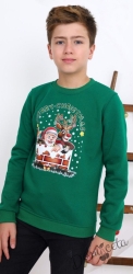 Коледна ватирана блуза за момче с Дядо Коледа и еленът Рудолф в зелено