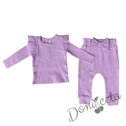 Бебешки релефен комплект за момиче с дълъг ръкав в лилаво Фуки