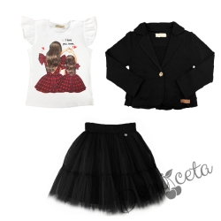 Комплект за момиче от тениска в бяло с майка и дъщеря и тюлена пола и сако в черно
