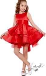 Официална детска рокля в червено от сатен без ръкав с пола на пластове Елия