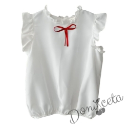 Детска риза за момиче в бяло с къс ръкав Contrast с червена панделка