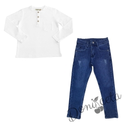 Детски комплект за момче от блуза в бяло с дълъг ръкав и дълги дънки в синьо