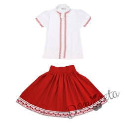 Комплект за момиче от 2 части- пола и риза с къс ръкав и къдрици с фолклорни/етно мотиви 