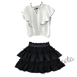 Комплект за момиче от детска пола в черно и риза в бяло с черни къдрици Contrast