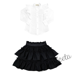 Комплект за момиче от детска пола в черно и риза в бяло с дълъг ръкав и къдрици