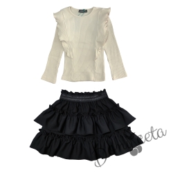 Комплект за момиче от детска пола в черно с къдрици и блуза в бежово