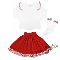 Комплект за момиче от 3 части- пола в червено, блуза в бяло с къдрици с фолклорни/етно мотиви и чорапи
