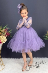 Детска рокля с ръкав 7-8 в лилаво и панделка за коса Алесия