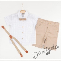 Летен комплект за момче от панталон в бежово, риза в бяло и орнаменти, тиранти и папийонка  467478378
