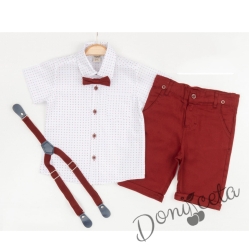 Летен комплект за момче от панталон в бордо, риза в бяло и орнаменти, тиранти и папийонка  46747837389