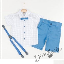 Летен комплект за момче от панталон в светлосиньо, риза в бяло и орнаменти, тиранти и папийонка 46747837377