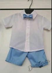 Детски комплект от риза в бяло и къси панталонки и папийонка в светлосиньо