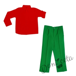 Комплект от 2 части панталон в зелено и риза с яка в червено с дълъг ръкав