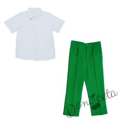 Комплект от 2 части панталон в зелено и риза с яка в бяло с къс ръкав