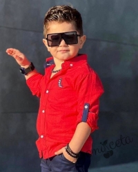 Детска риза в червено с дълъг ръкав за момче с емблема