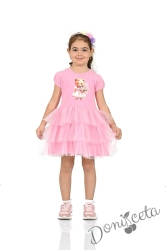 Детска рокля с къс ръкав в розово с тюл и картинка на мече